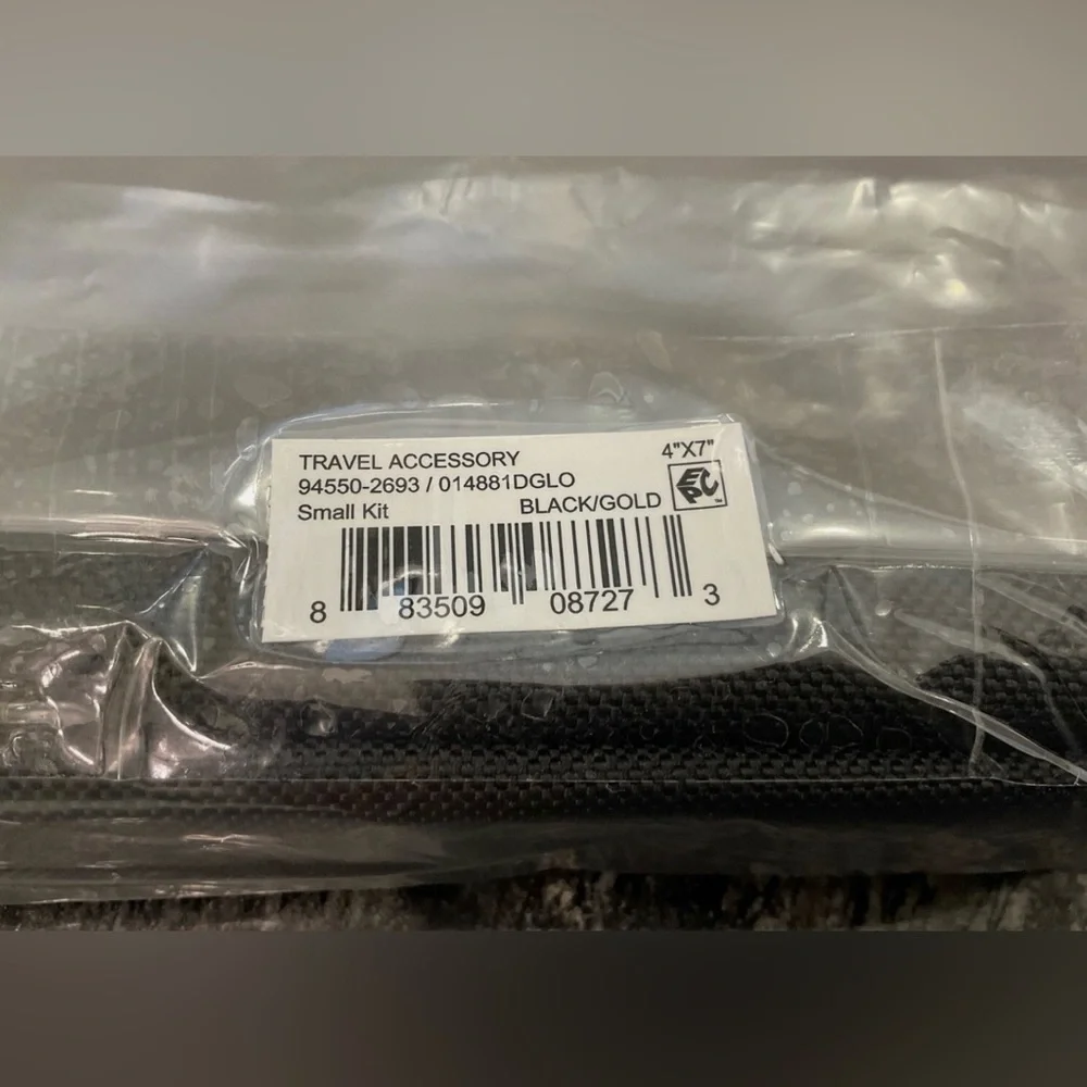 NEW - TUMI Zippered Small Kit - 4”x7” Pouch - Cosmetic Bag - BLACK with GOLD